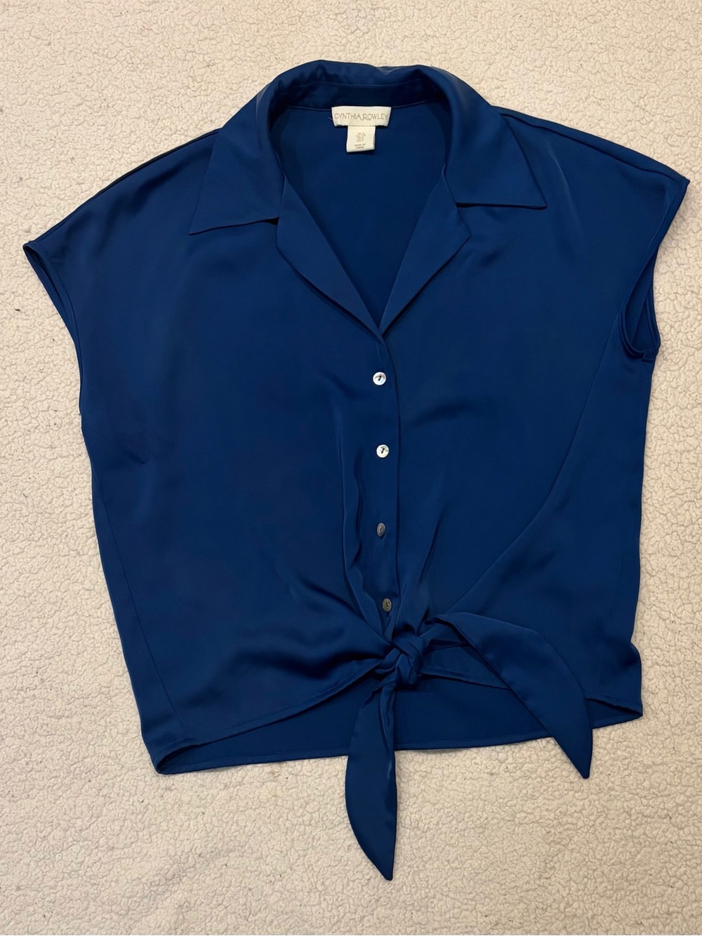 Cynthia Rowley Royal Blue Satin Tie-Front Blouse (Size Small)